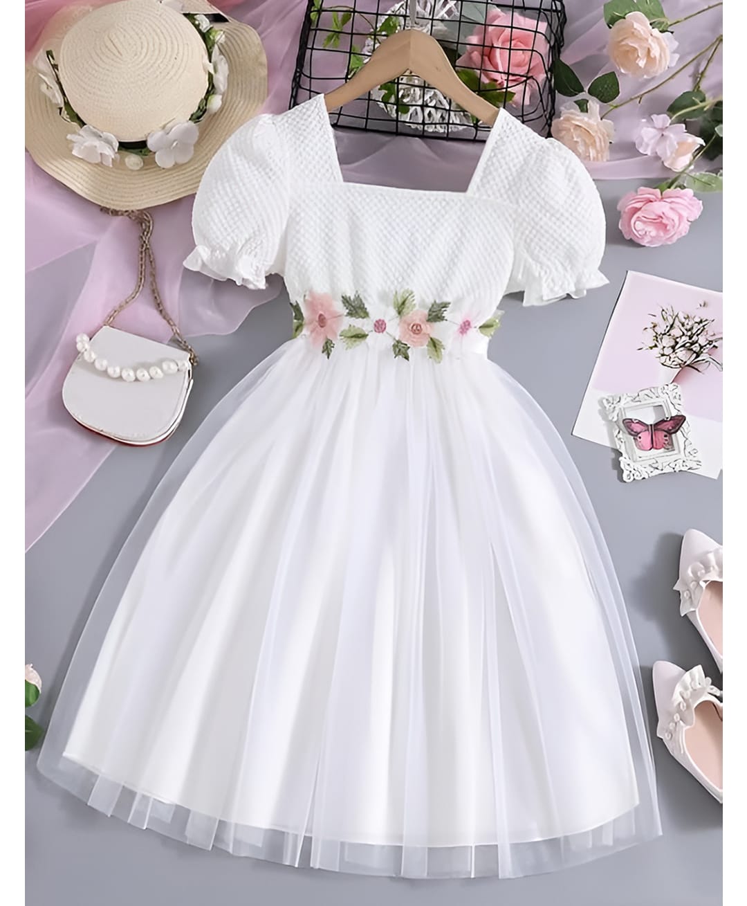FOSTRIC Cotton Blend Knit Puffed Sleeves Floral Applique Detailed Dress - White-image-27