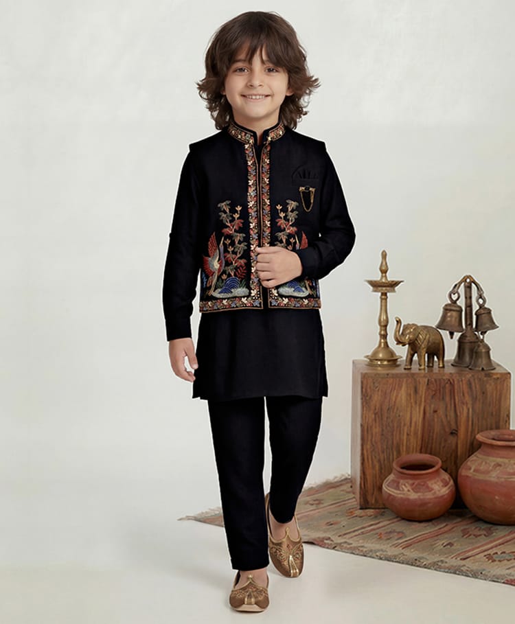 Earth Conscious Silk Woven Full Sleeves Solid Kurta & Pyjama Set With Floral Embroidered Jacket - Black-image-28