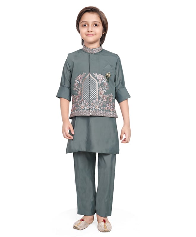 Earth Conscious Silk Woven Full Sleeves Solid Kurta & Pyjama Set With Sequins Embellished Floral Embroidered Jacket - Green-picture-24