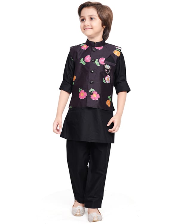 Earth Conscious Silk Woven Full Sleeves Solid Kurta & Pyjama Set With Floral Printed Jacket - Black-image-27