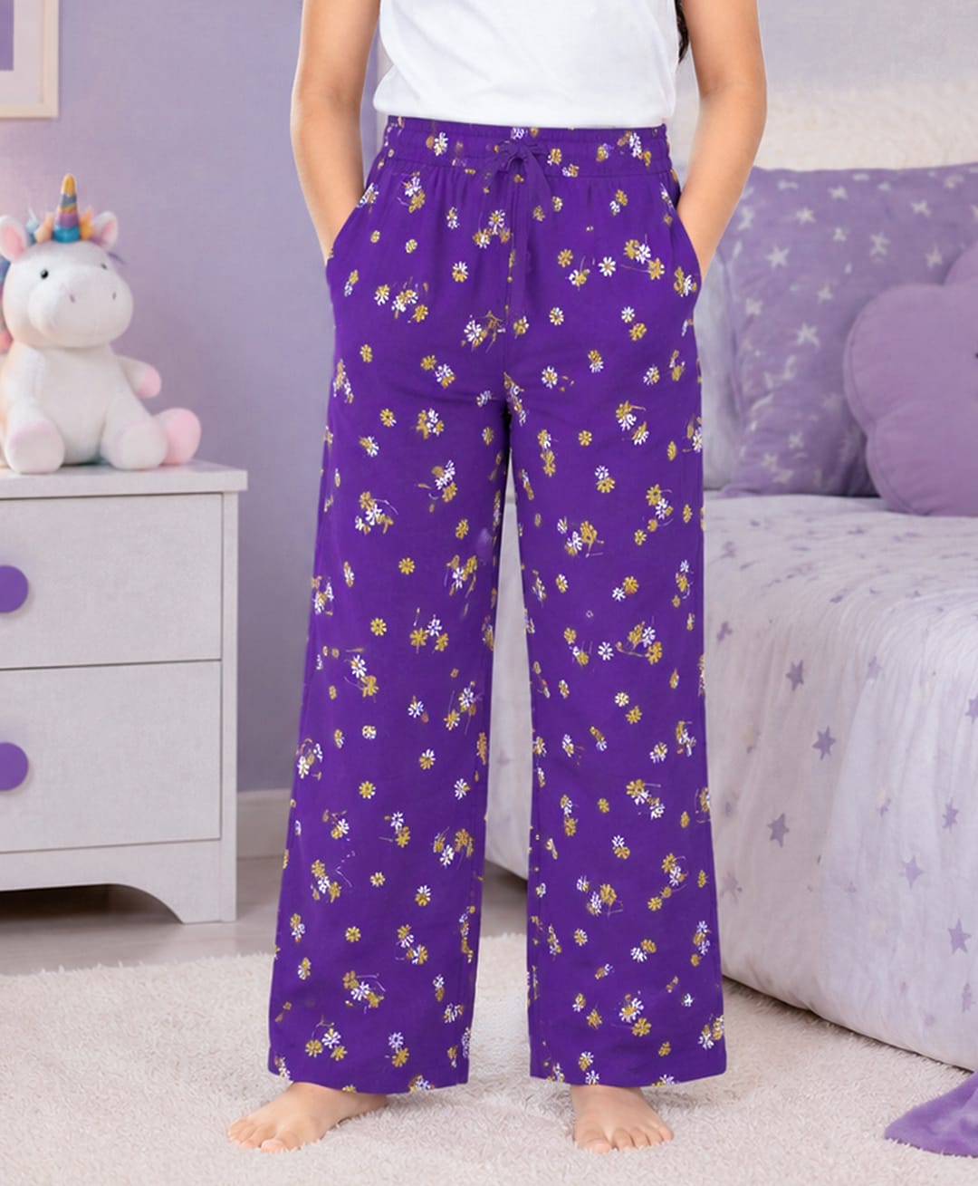 Kiddopanti Cotton Knit Floral Printed Pajamas - Purple-picture-27