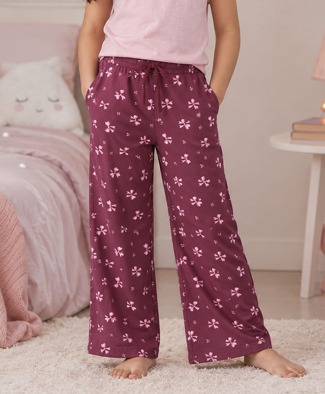 Kiddopanti Cotton Knit Bows Printed Pajamas - Wine-picture-14