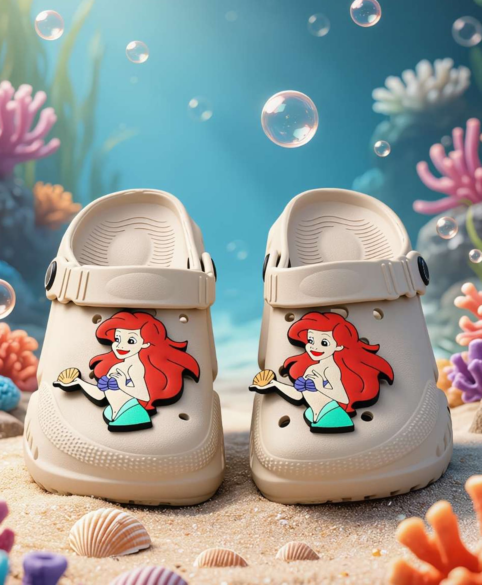 Yellow Bee Disney Ariel Featuring Character Applique Detailed Perforated Slingback Clogs - Beige-picture-12
