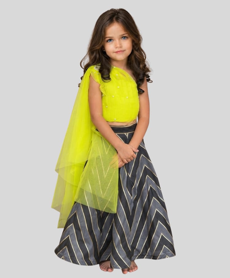 PinkCow Net Woven One Shoulder Sleeves Pearl Embellished Choli & Chevron Printed Lehenga Set - Lime Green-image-32