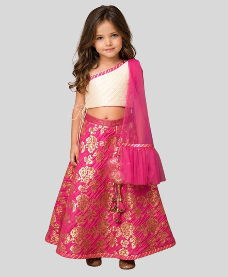PinkCow Blended Woven One Shoulder Sleeves Lace Embellished Choli & Floral Printed Lehenga Set With Dupatta - Neon Pink-image-37