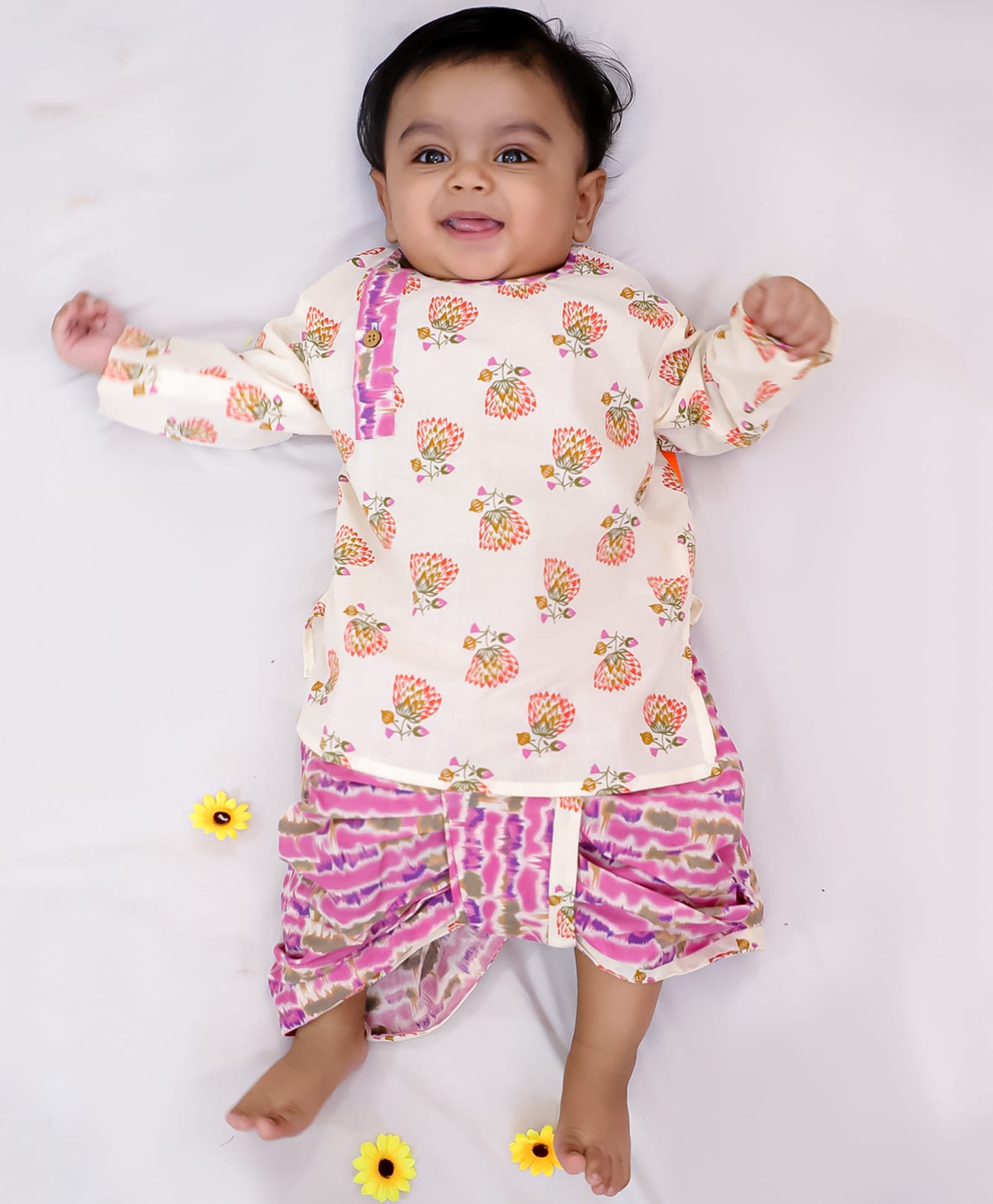 KID1 Woven Cotton Woven Full Sleeves Floral Printed Kurta & Dhoti Set - White & Pink-image-49