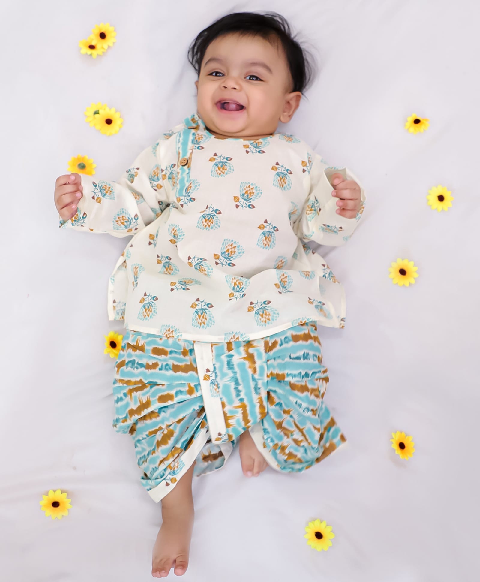 KID1 Woven Cotton Woven Full Sleeves Floral Printed Kurta & Dhoti Set - White & Green-image-48