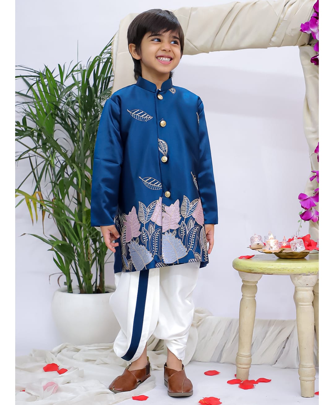 KID1 Silk Woven Full Sleeves Floral Embroidered Sherwani & Dhoti Set - Navy Blue-picture-12