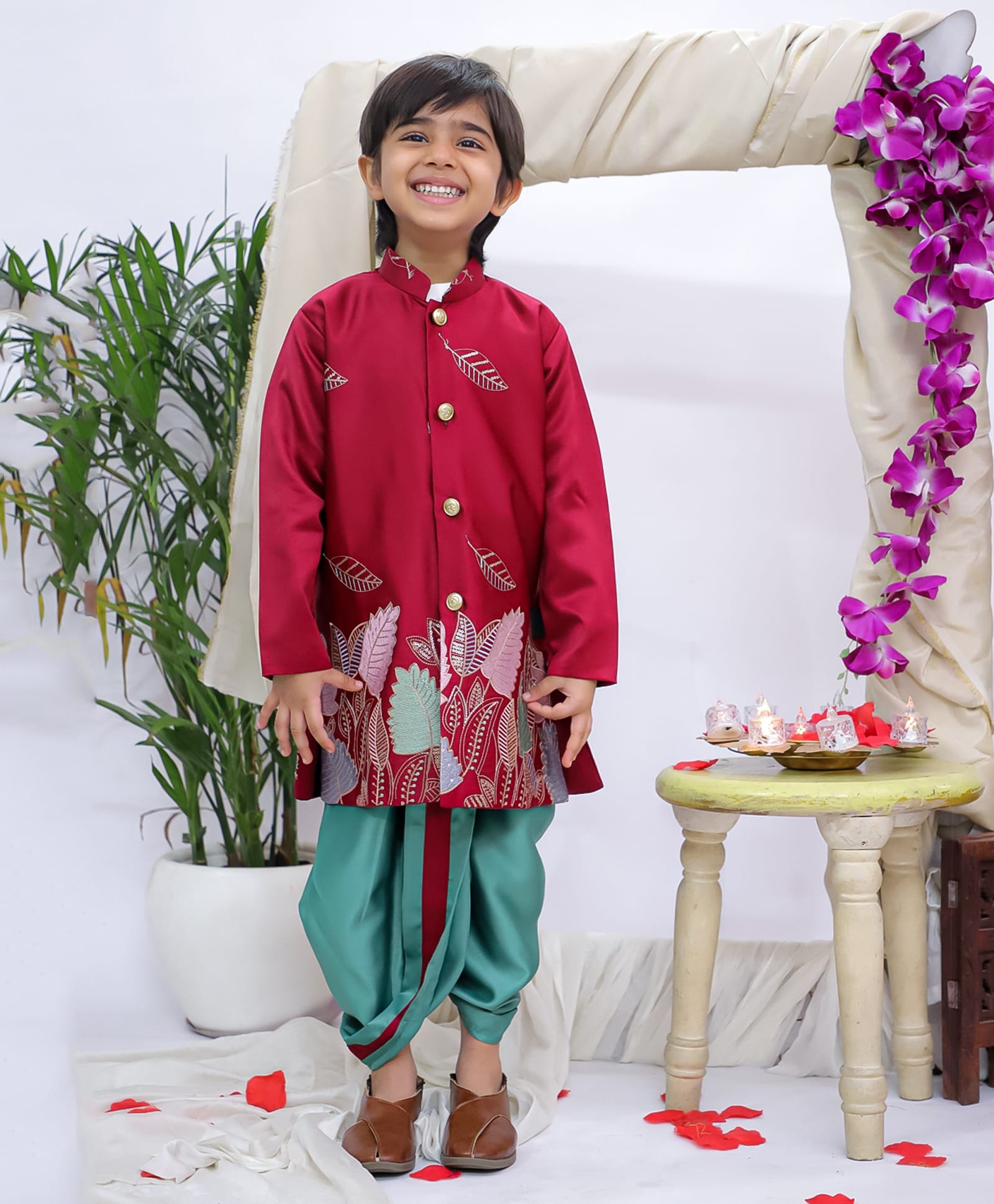 KID1 Silk Woven Full Sleeves Sequins Embellished Floral Embroidered Kurta & Dhoti Set - Maroon-image-34