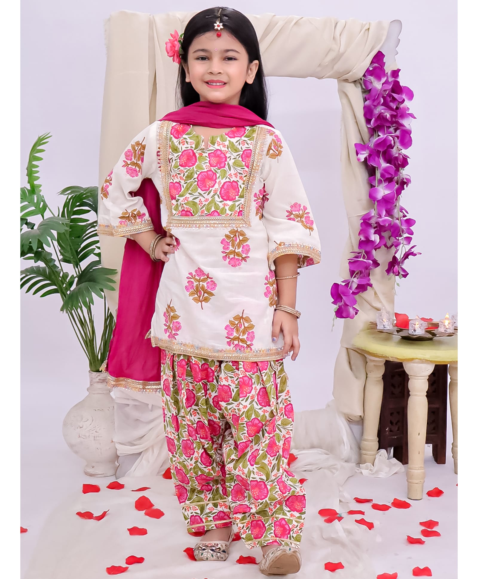 KID1 Cotton Woven Three Fourth Sleeves Lace Embellished Floral Printed Kurti & Salwar Set With Dupatta - White & Pink-picture-6