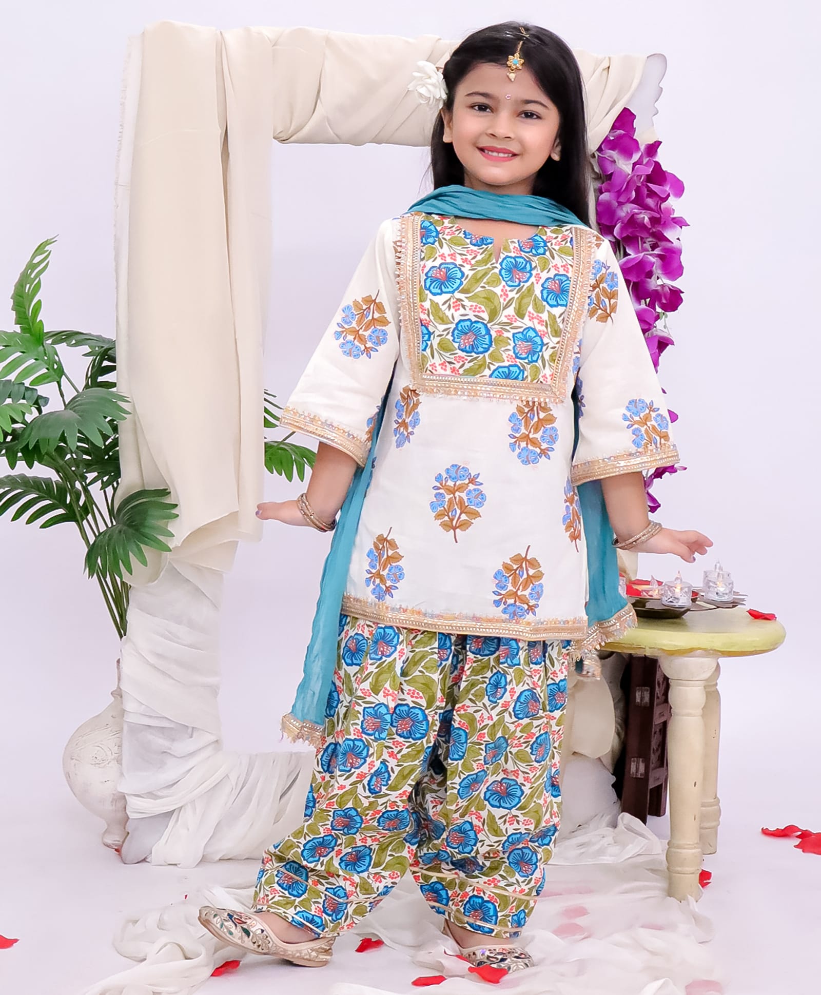 KID1 Cotton Woven Three Fourth Sleeves Lace Embellished Floral Printed Kurti & Salwar Set With Dupatta - White & Blue-picture-32