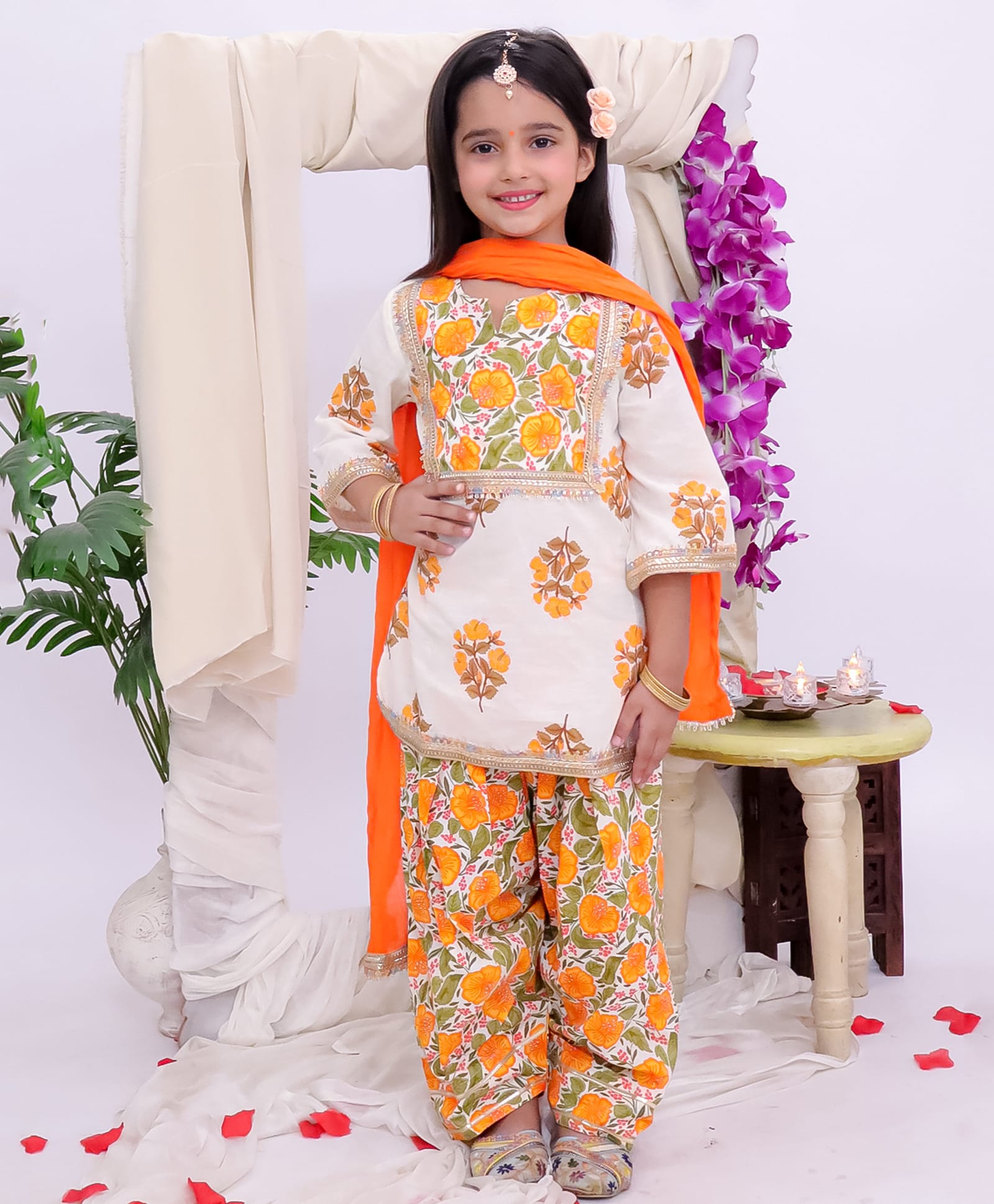 KID1 Cotton Woven Three Fourth Sleeves Lace Embellished Floral Printed Kurti & Salwar Set With Dupatta - White & Orange-image-28