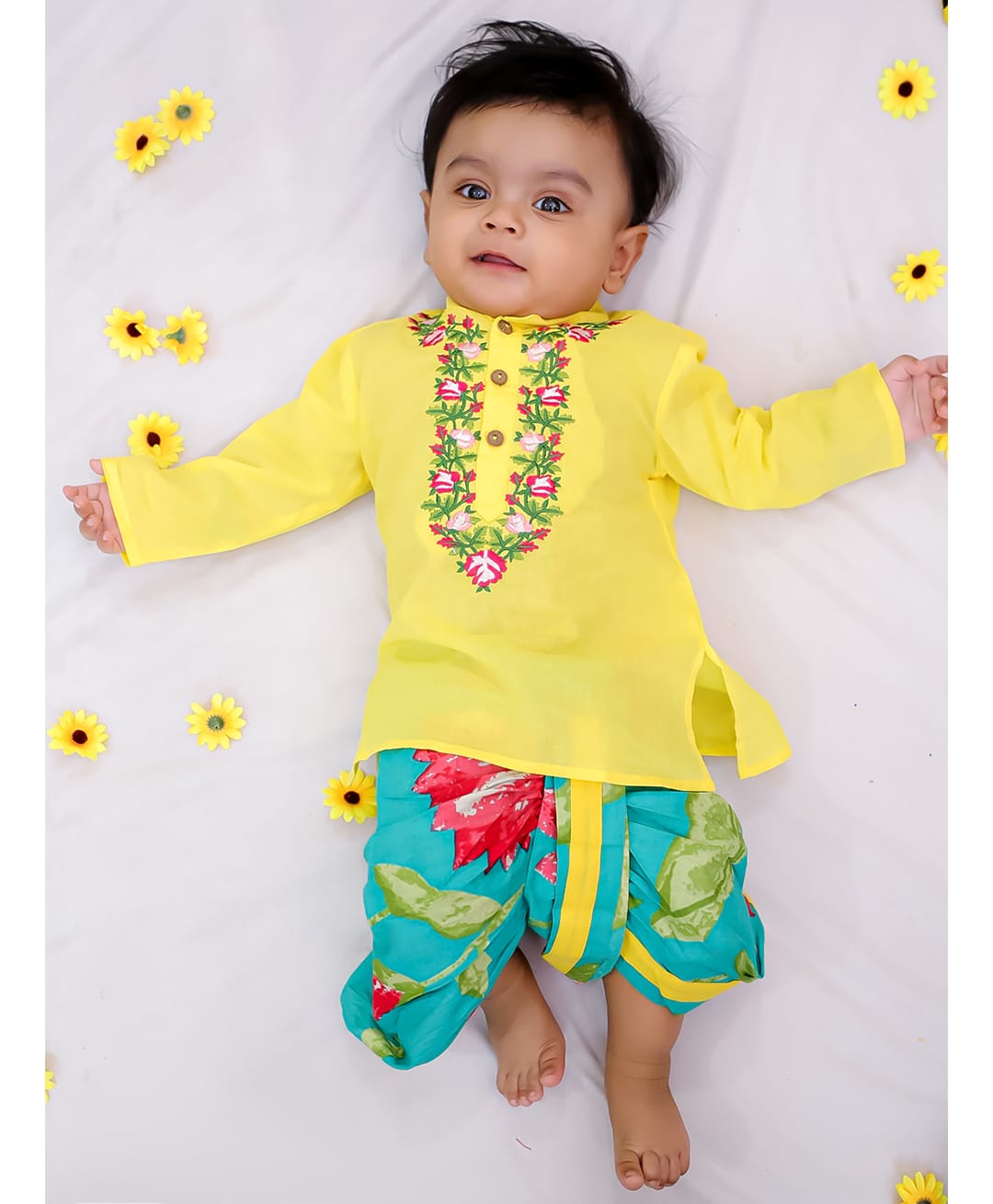KID1 Cotton Woven Full Sleeves Floral Embroidered Kurta & Dhoti Set - Yellow-picture-38