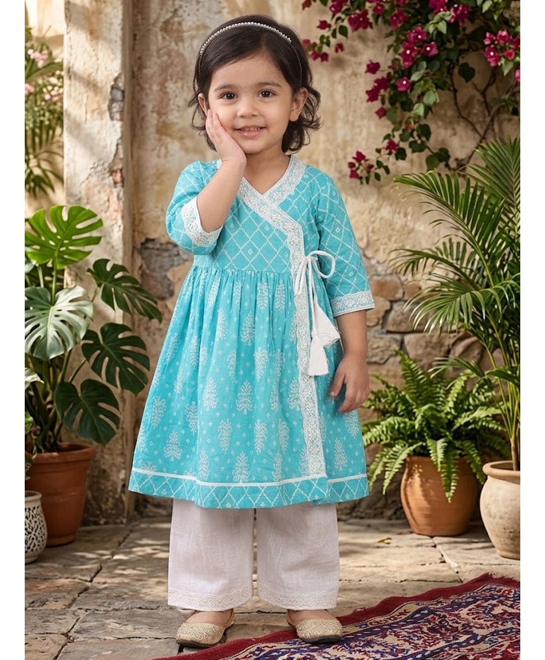 Kinder Kids Cotton Woven Three Fourth Sleeves Ethnic Motifs Printed & Lace Embellished Angrakha Style Kurti Pants Set - Blue & White-picture-14