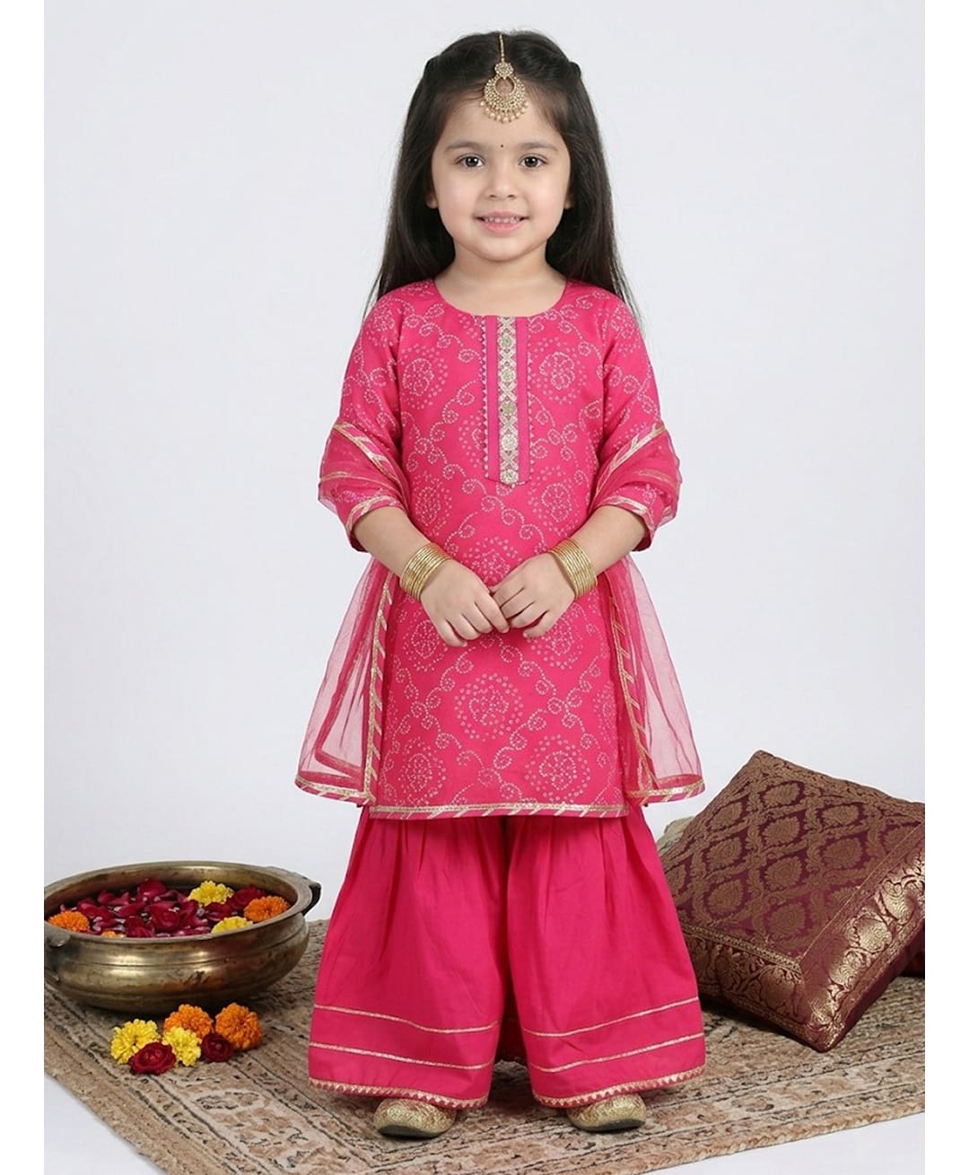 Kinder Kids Cotton Woven Three Fourth Sleeves Bandhani Printed & Lace Embellished Kurti Sharara With Dupatta Set - Pink-image-27