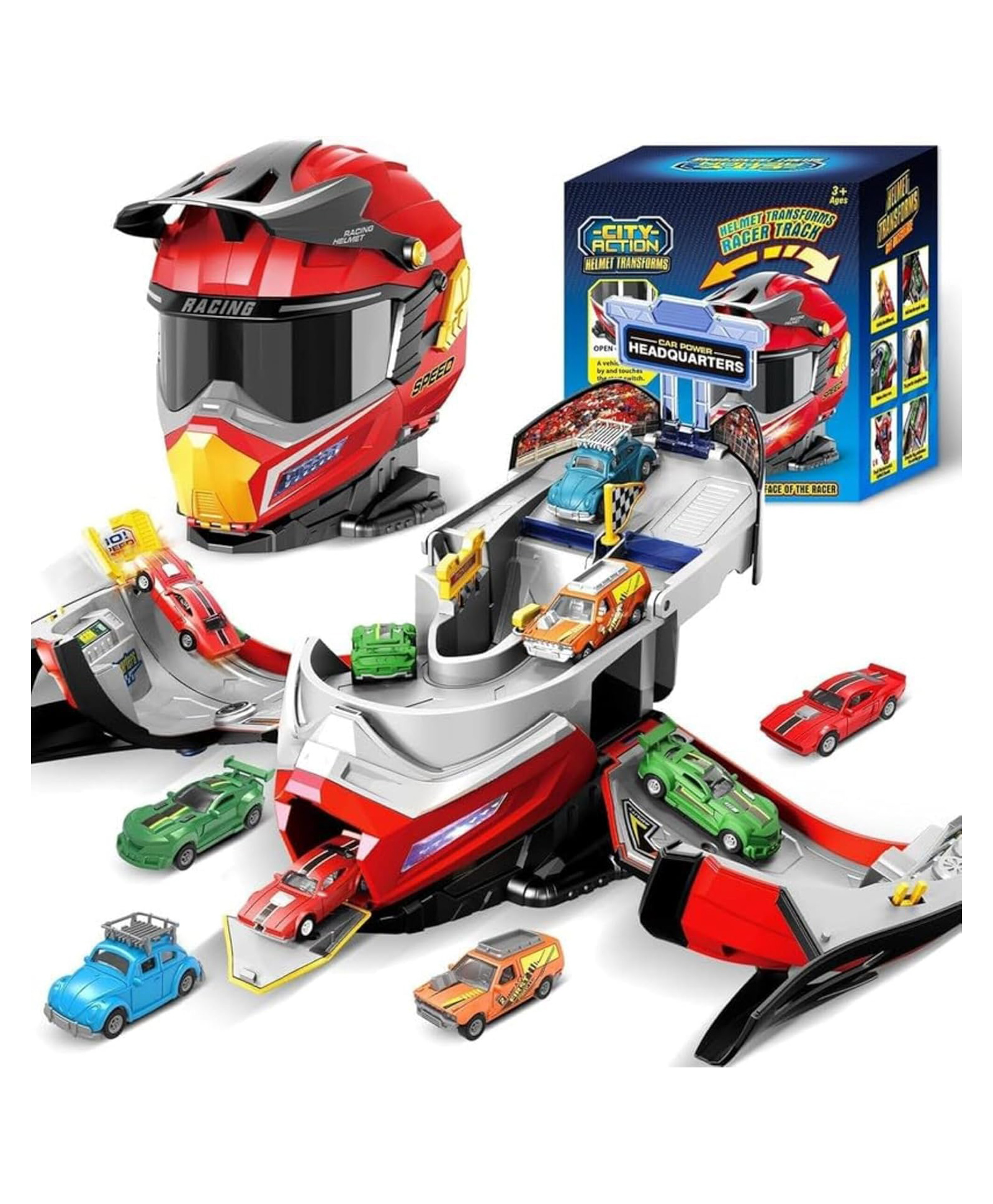 akn toys AKN TOYS, 2-in-1 Helmet Transforms Racer Track Set with 4 Cars, Kids Racing Track Toy , Convertible Helmet Track Playset, Car Toy - PACK OF - 1-picture-27