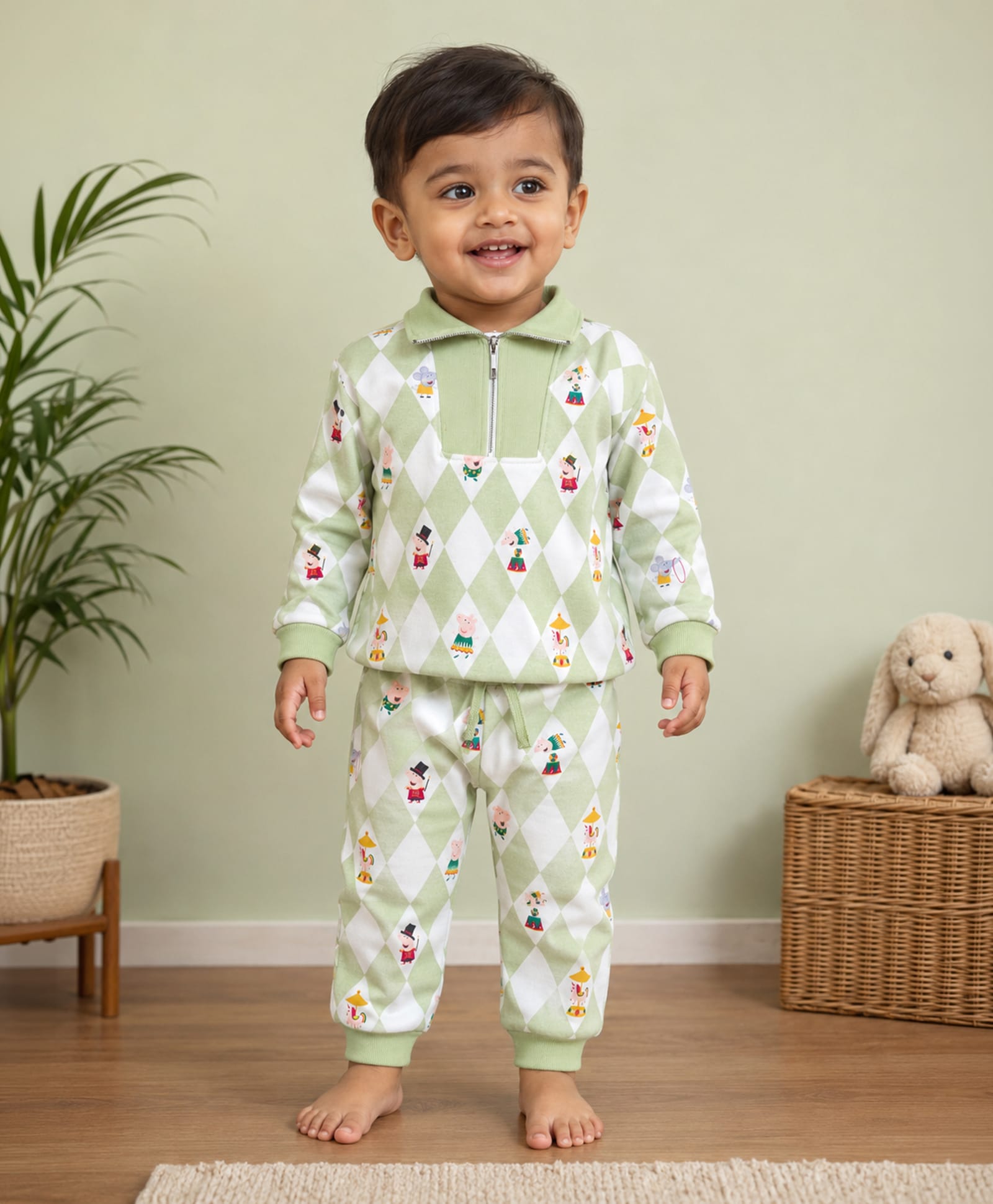 Mi Arcus Knit Full Sleeves Peppa Pig Featuring Full Sleeves Character Printed Coordinating Sweatshirt & Jogger Set - Green-picture-19