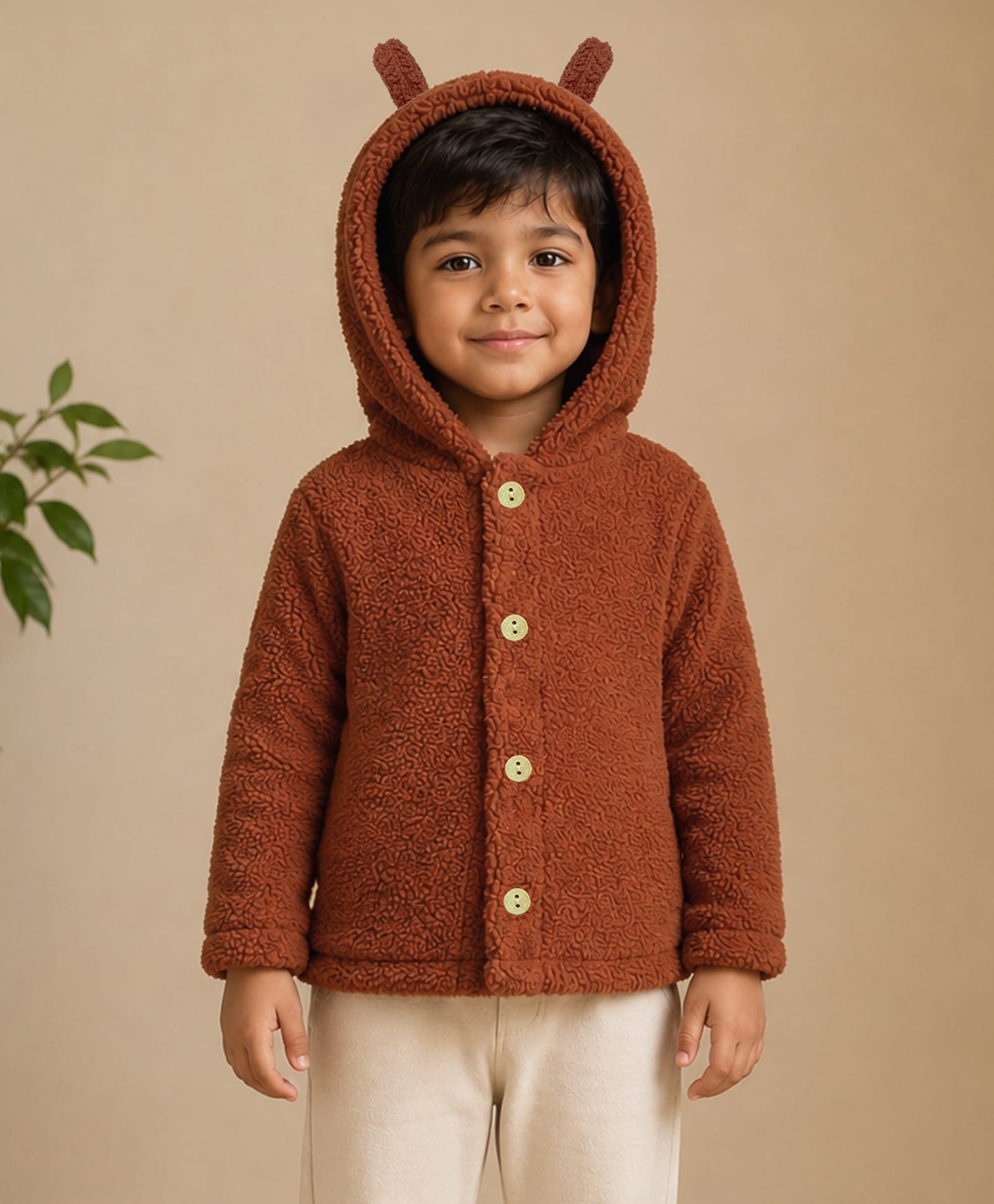 Mi Arcus Cotton Knit Full Sleeves Animal Ear Detailed Hooded Jacket - Brown-picture-17
