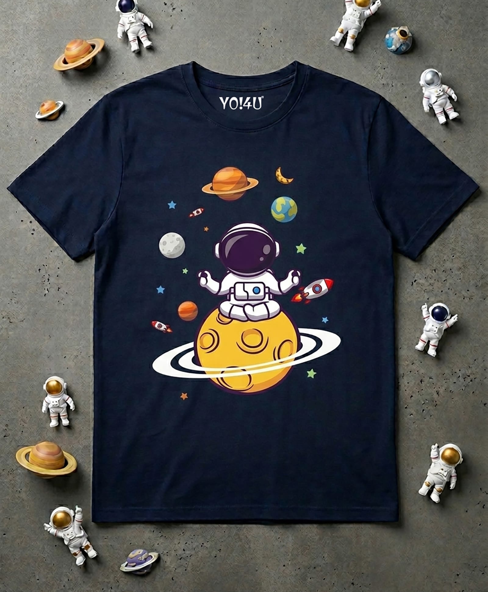 YO!4U Cotton Knit Half Sleeves Space Theme Printed Tee - Navy Blue-image-42