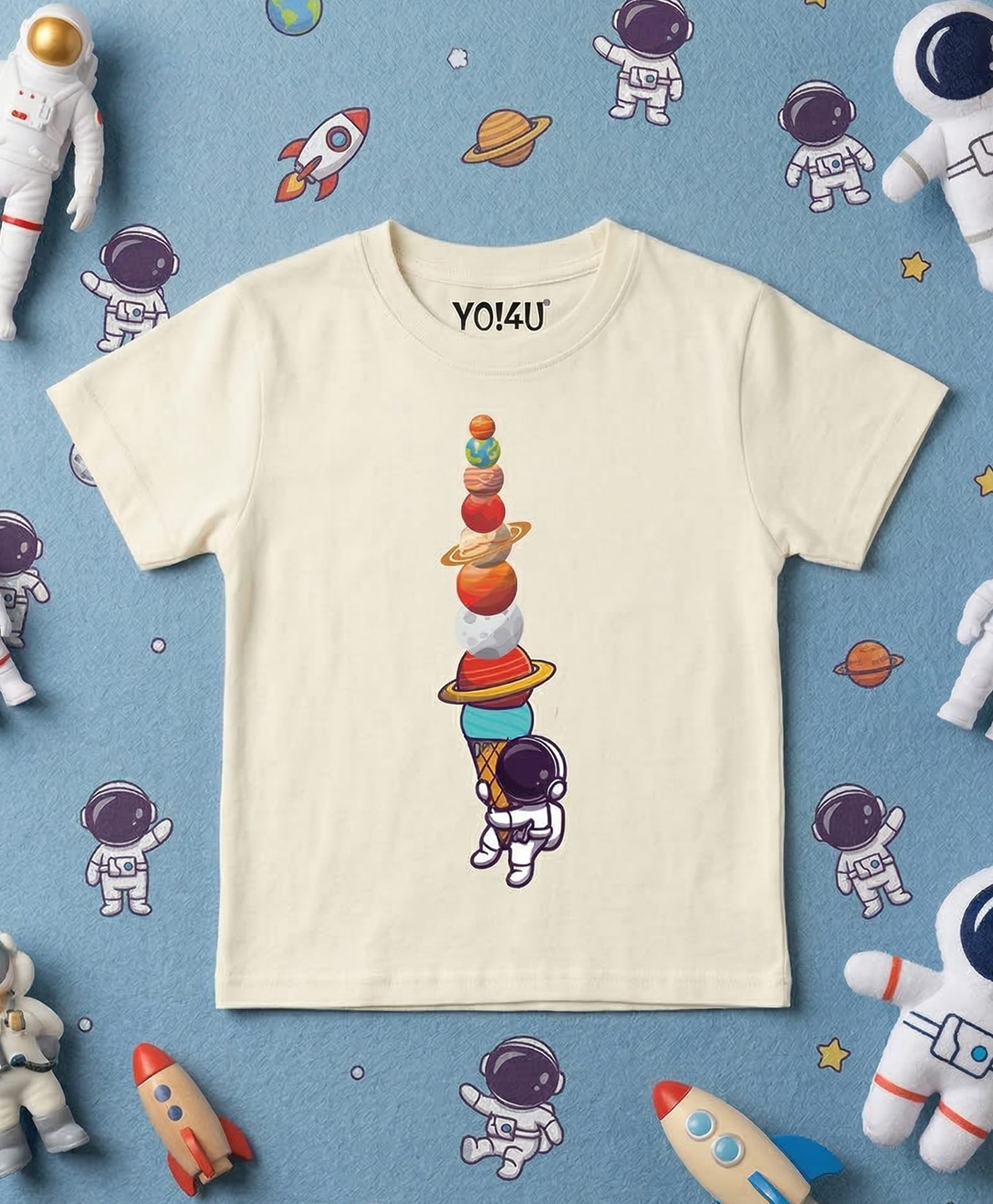 YO!4U Cotton Knit Half Sleeves Space Theme Printed Tee - Antique White-image-36