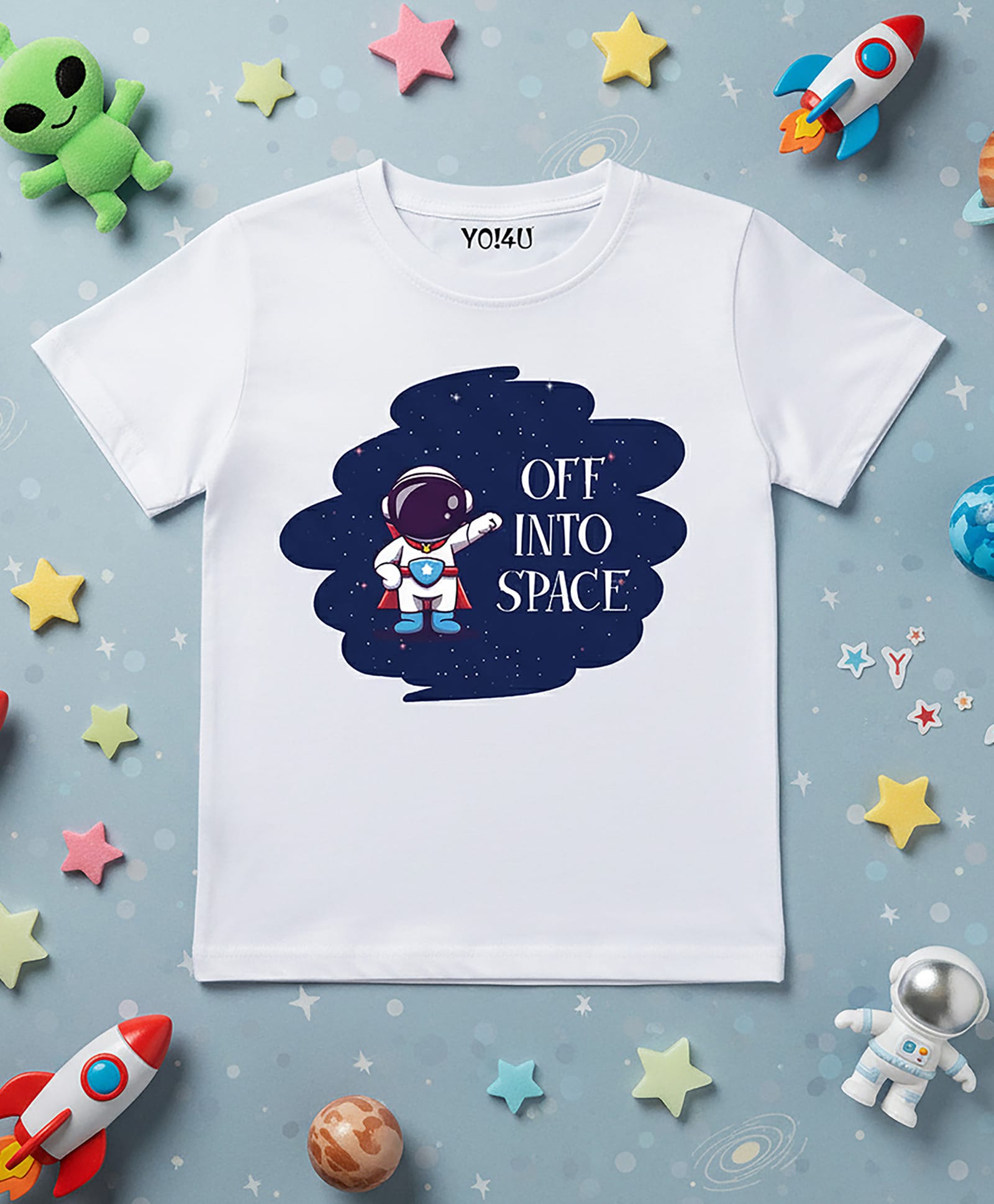 YO!4U Cotton Knit Half Sleeves Space Theme Printed Tee - White-picture-25