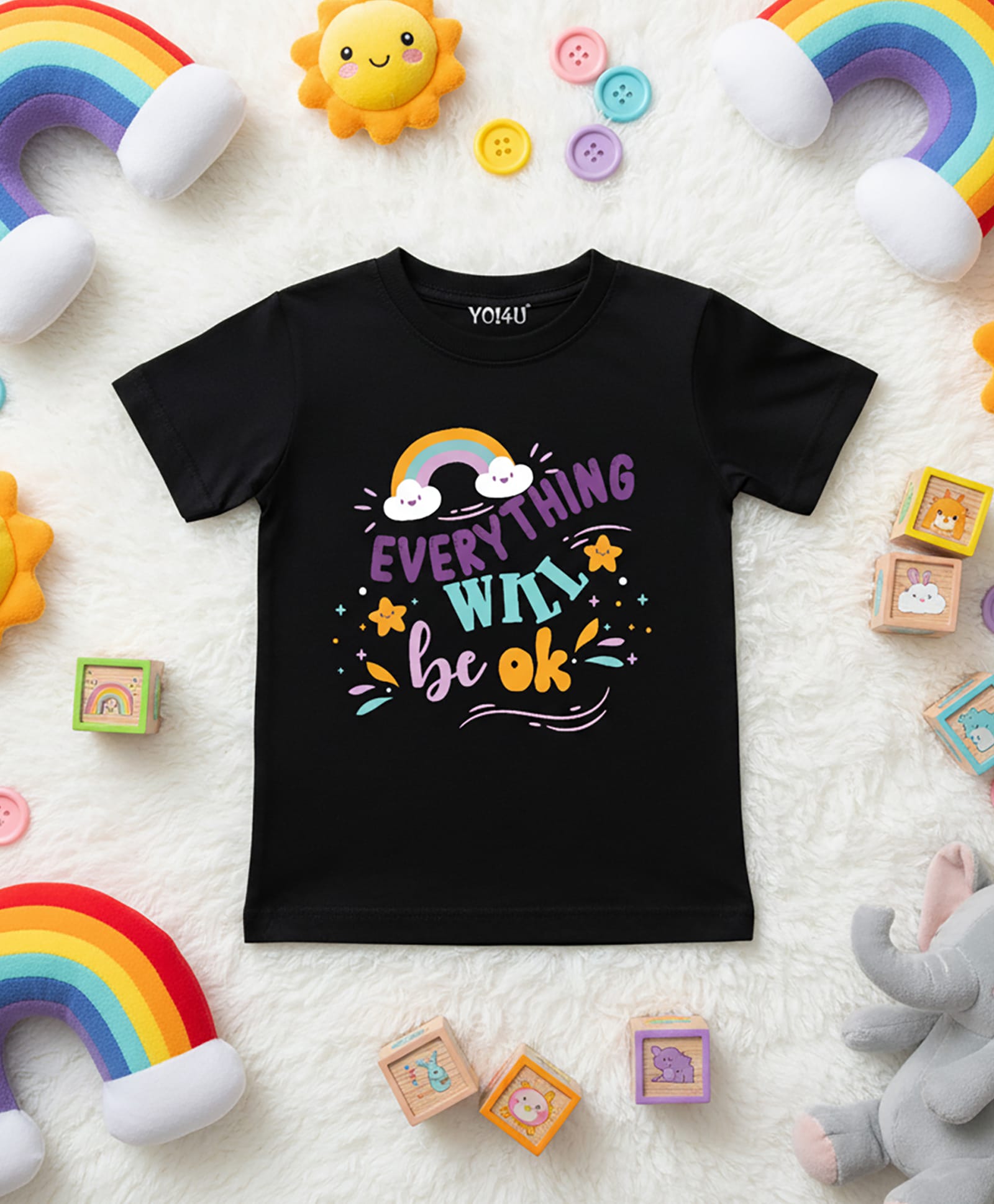 YO!4U Cotton Knit Half Sleeves Everything Will Be Okay Text Printed Tee - Black-picture-18