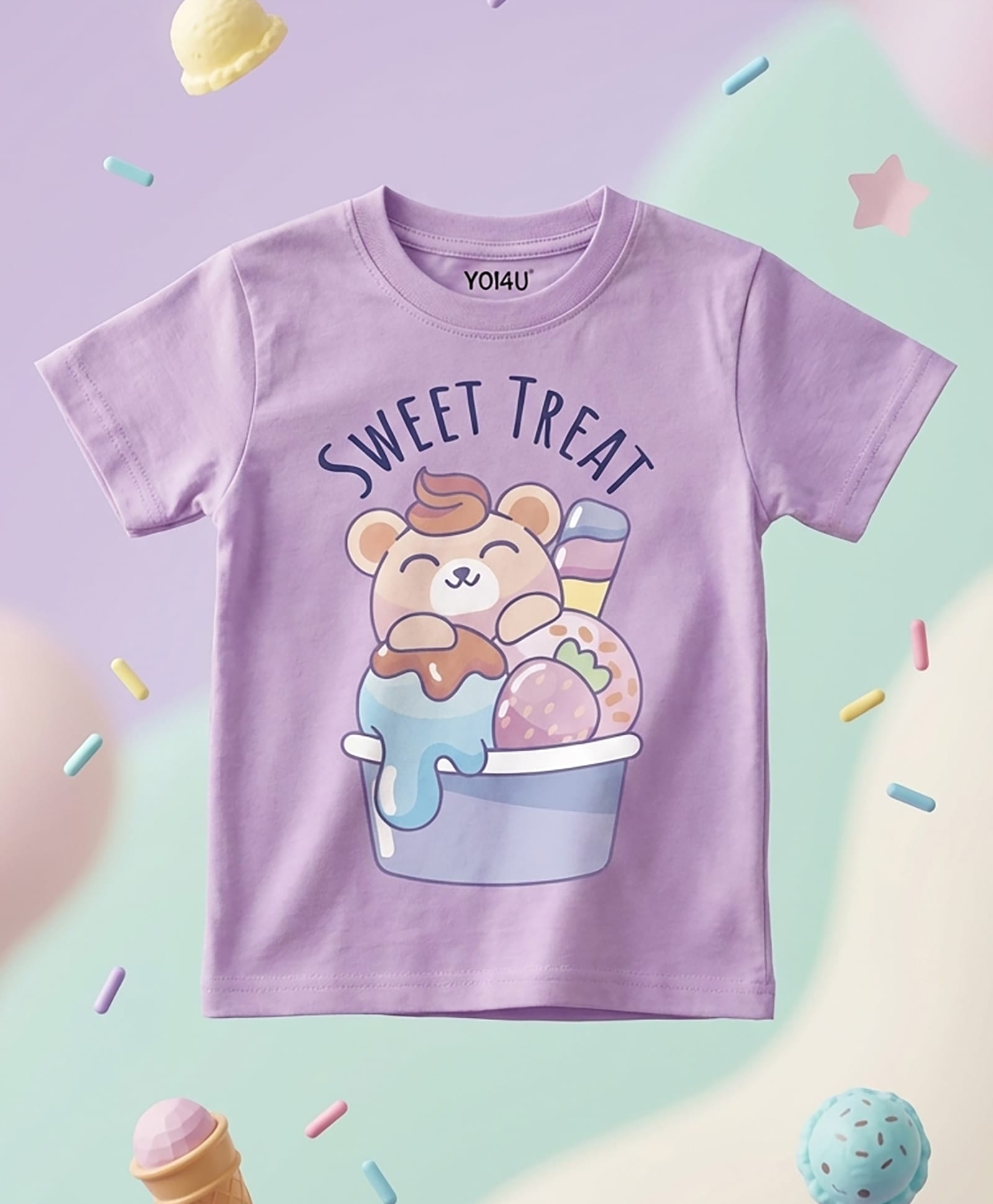 Yo!4U Cotton Knit Half Sleeves Teddy Bear In Ice Cream Printed Tee - Lavender-image-47