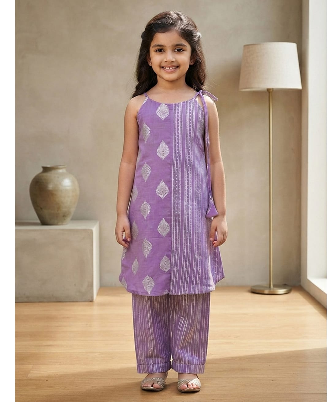 Kinder Kids Cotton Woven Sleeveless Zari Work Embellished Kurti Pants Set - Purple-image-34