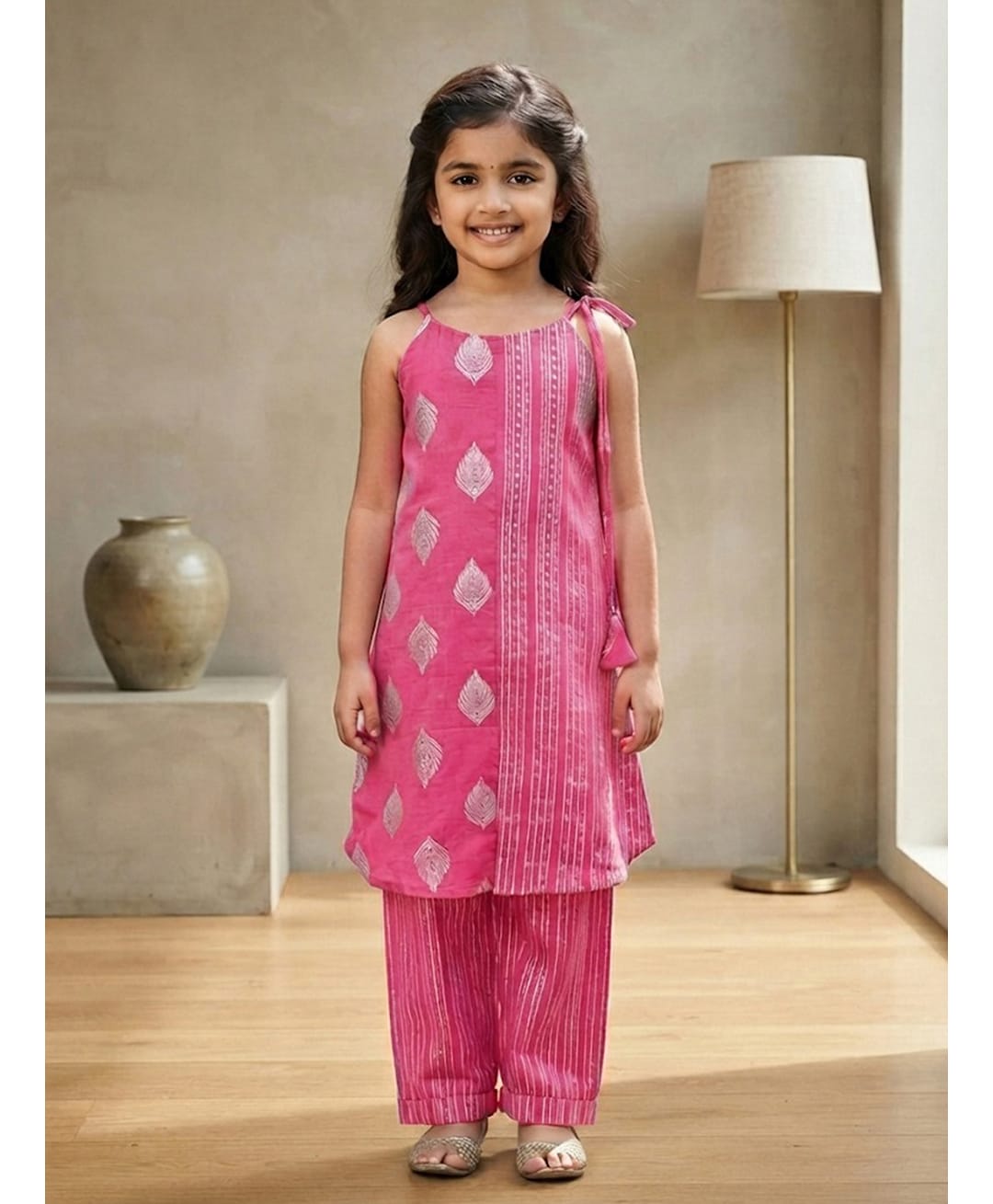Kinder Kids Cotton Woven Sleeveless Zari Work Embellished Kurti Pants Set - Pink-image-24
