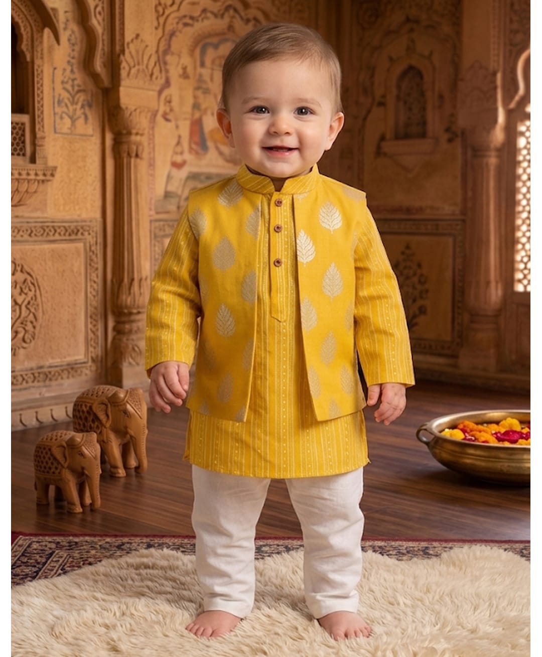 Kinder Kids Cotton Woven Full Sleeves Stripped Kurta Pajama Set With Foil Motifs Printed Jacket - Yellow-picture-21