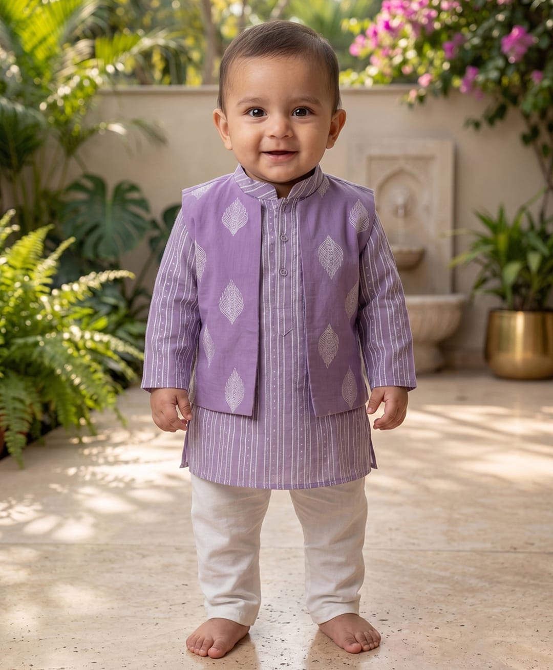 Kinder Kids Cotton Woven Full Sleeves Stripped Kurta Pajama Set With Foil Motifs Printed Jacket - Purple-picture-10