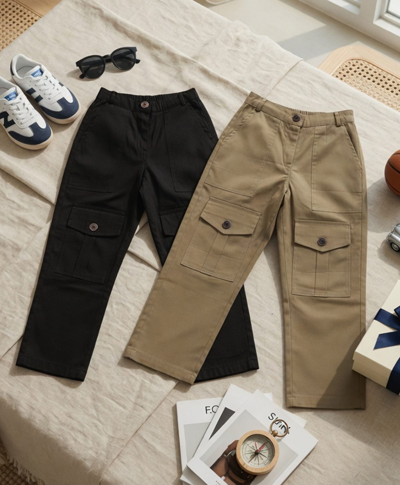 Cutiekins Cotton Woven Pack Of 2 Solid Cargo Pants - Black & Light Brown-picture-28