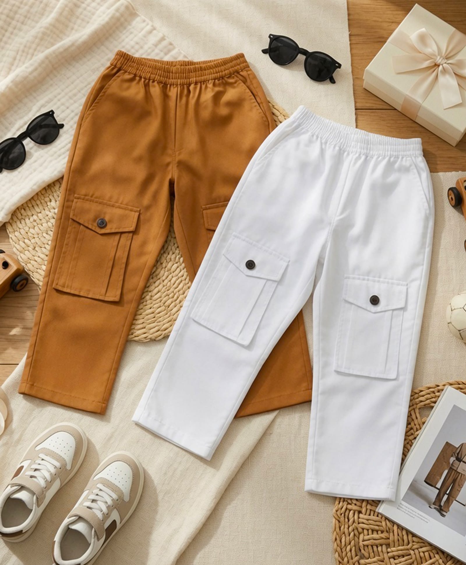 Cutiekins Cotton Woven Pack Of 2 Solid Cargo Pants - White & Mustard-picture-26
