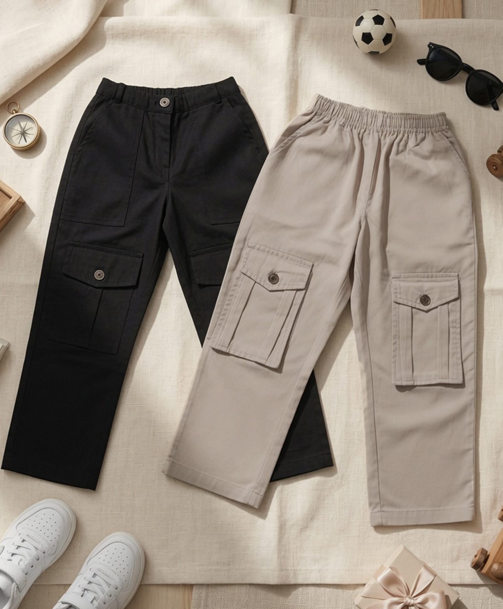 Cutiekins Cotton Woven Pack Of 2 Solid Cargo Pants - Beige & Black-picture-37