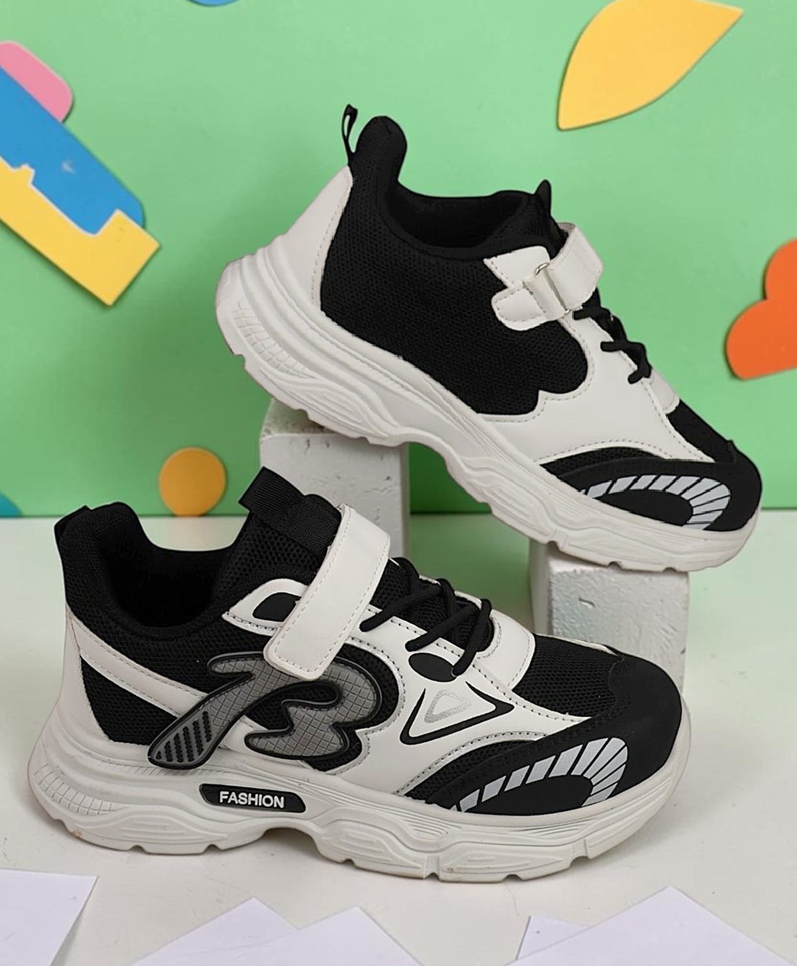 TRUFFLE COLLECTION B Initial Applique & Mesh Detailed Velcro Closure Shoes - Black-picture-30