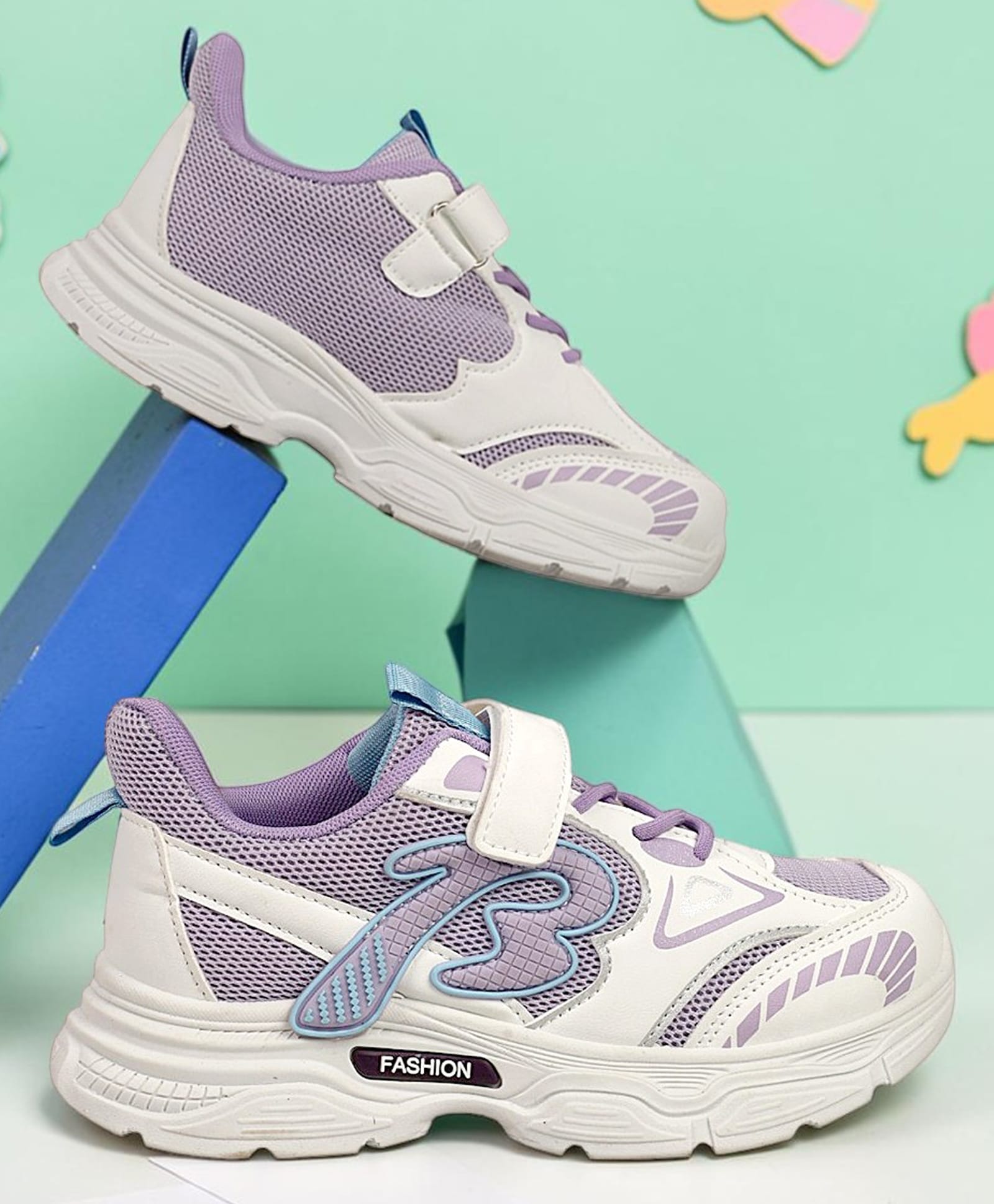 TRUFFLE COLLECTION B Initial Applique & Mesh Detailed Velcro Closure Shoes - Purple-image-46
