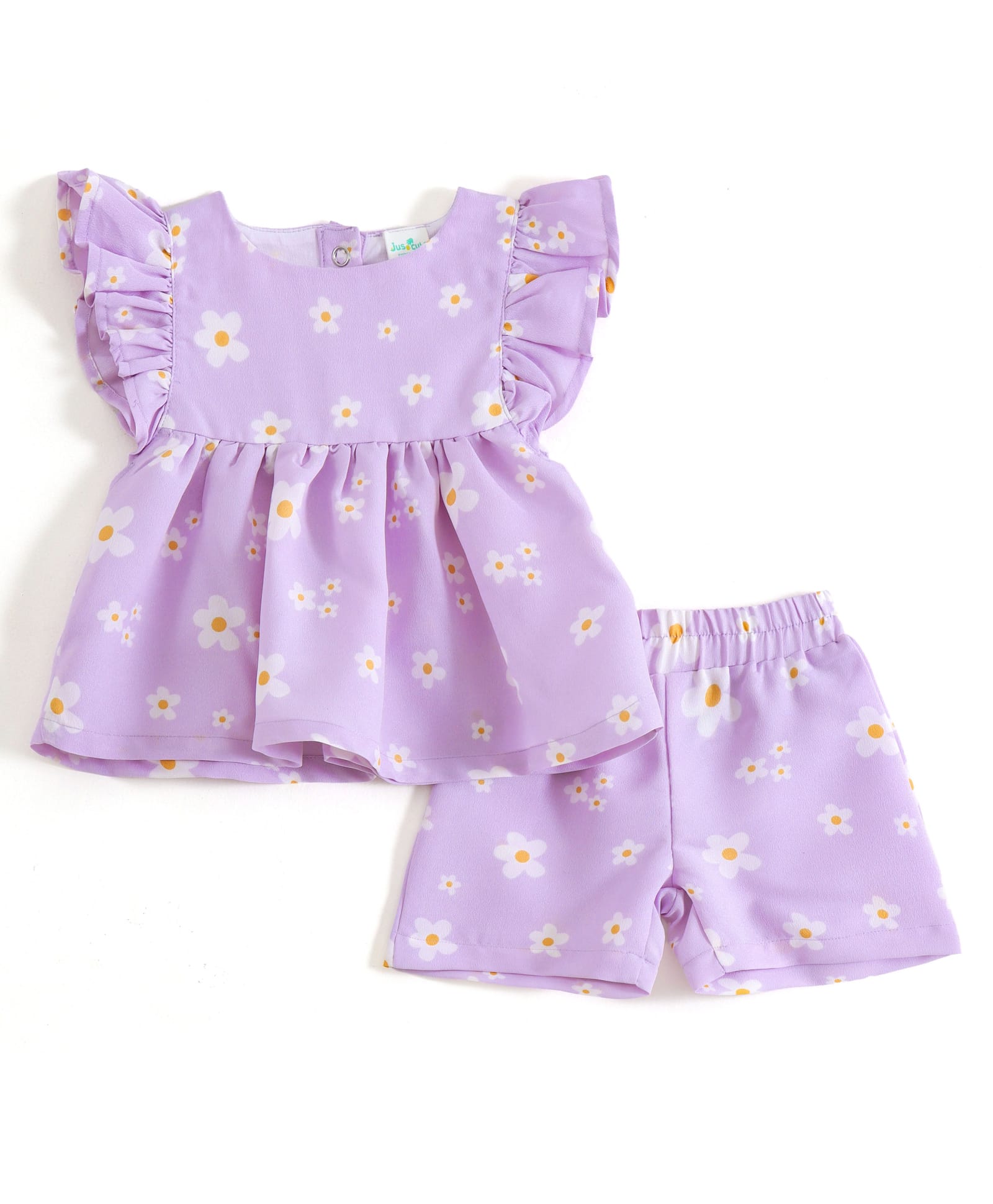 JusCubs Cotton Woven Frill Sleeves Floral Printed Coordinating Top & Shorts Set - Lavender-image-10