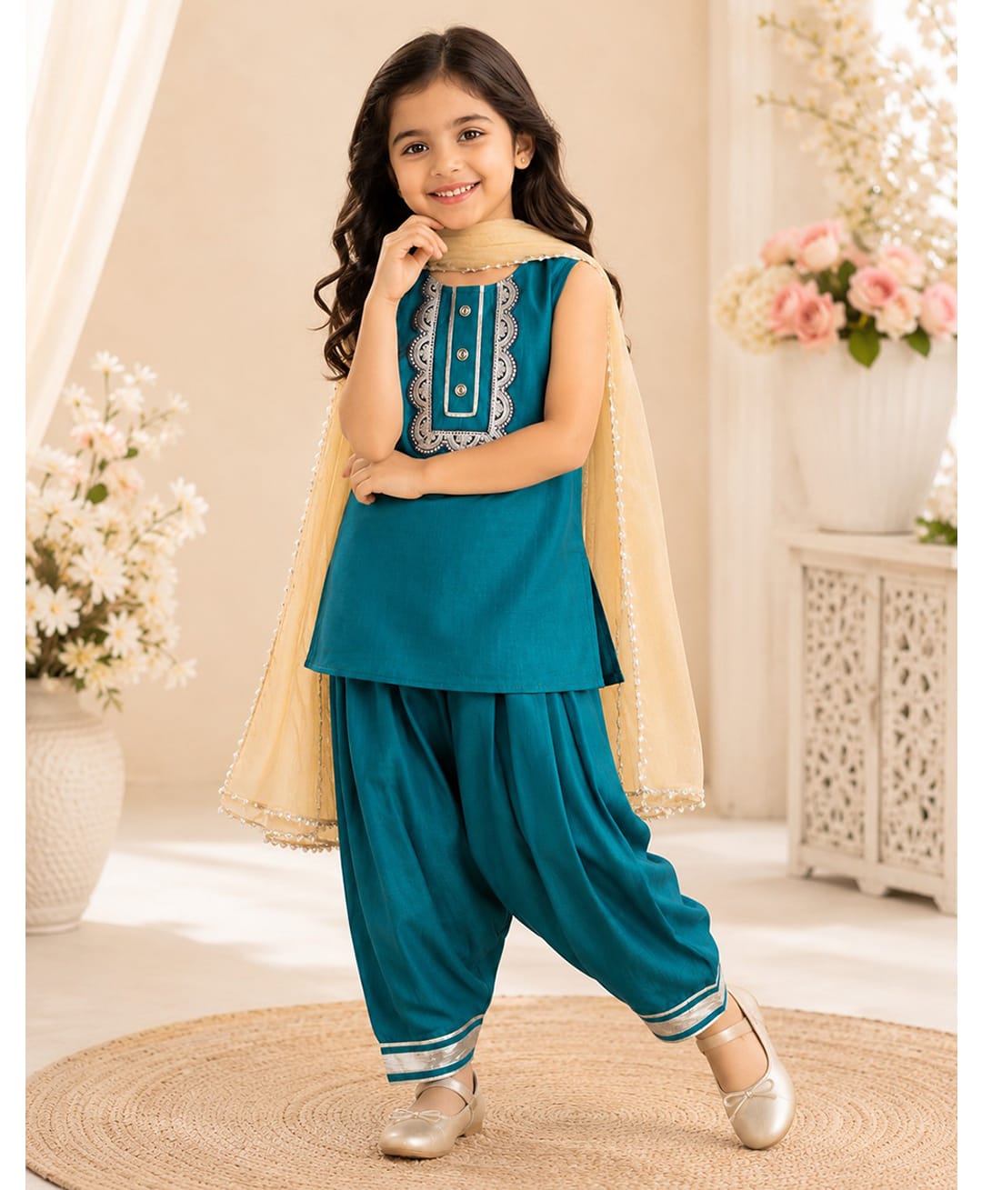 Aww Hunnie Silk Woven Sleeveless Thread Work Embroidered Lace & Sequins Embellished Kurti & Salwar With Dupatta Set - Green-image-43