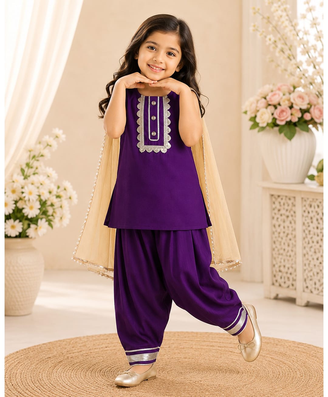 Aww Hunnie Silk Woven Sleeveless Thread Work Embroidered Lace & Sequins Embellished Kurti & Salwar With Dupatta Set - Purple-image-23