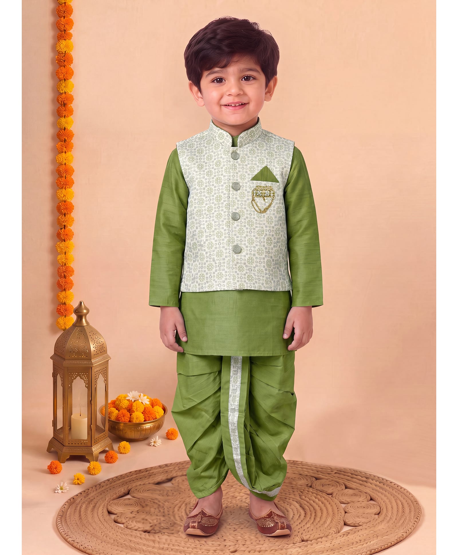 BT DEZINES Cotton Silk Woven Full Sleeves Solid Kurta & Dhoti Set With Floral Motifs Embroidered Jacket - Olive Green-image-33