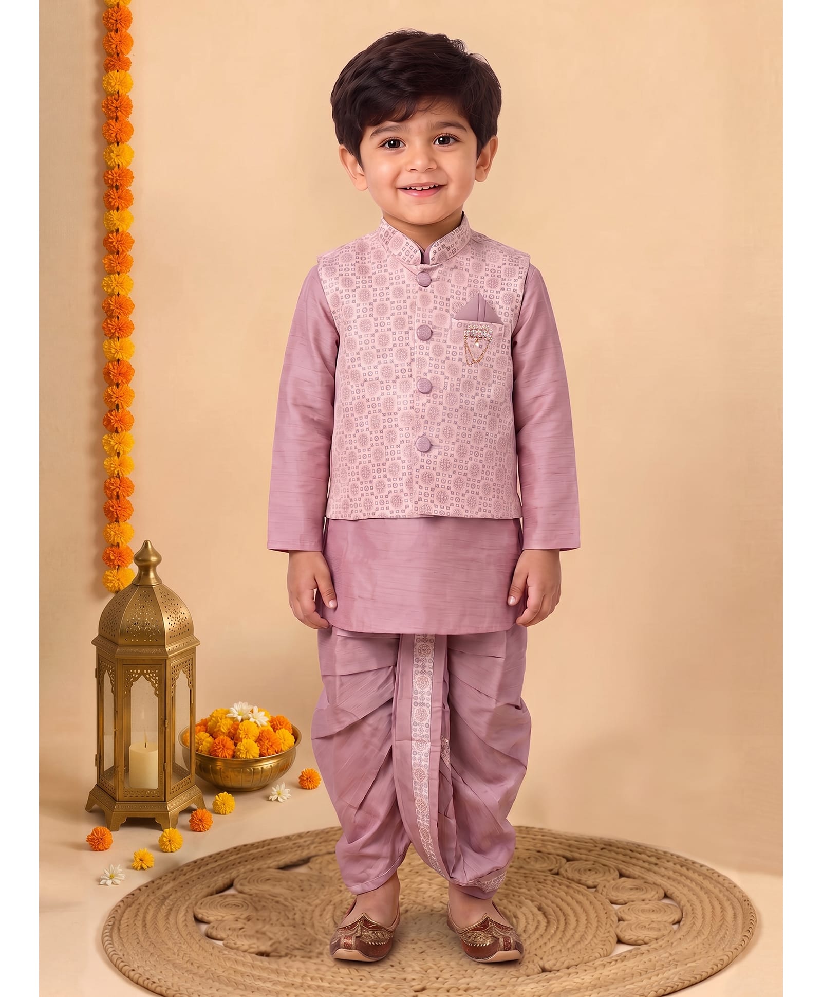 BT DEZINES Cotton Silk Woven Full Sleeves Solid Kurta & Dhoti Set With Floral Motifs Embroidered Jacket - Dusty Pink-image-17