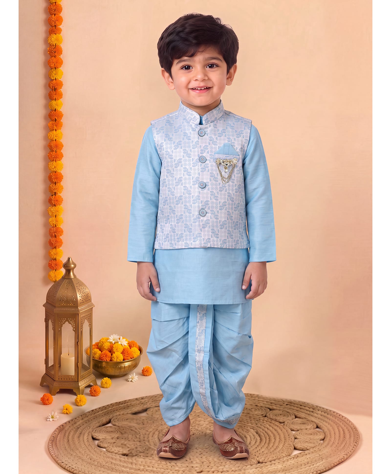 BT DEZINES Cotton Silk Woven Full Sleeves Solid Kurta & Dhoti Set With Abstract Embroidered Jacket - Sky Blue-image-46