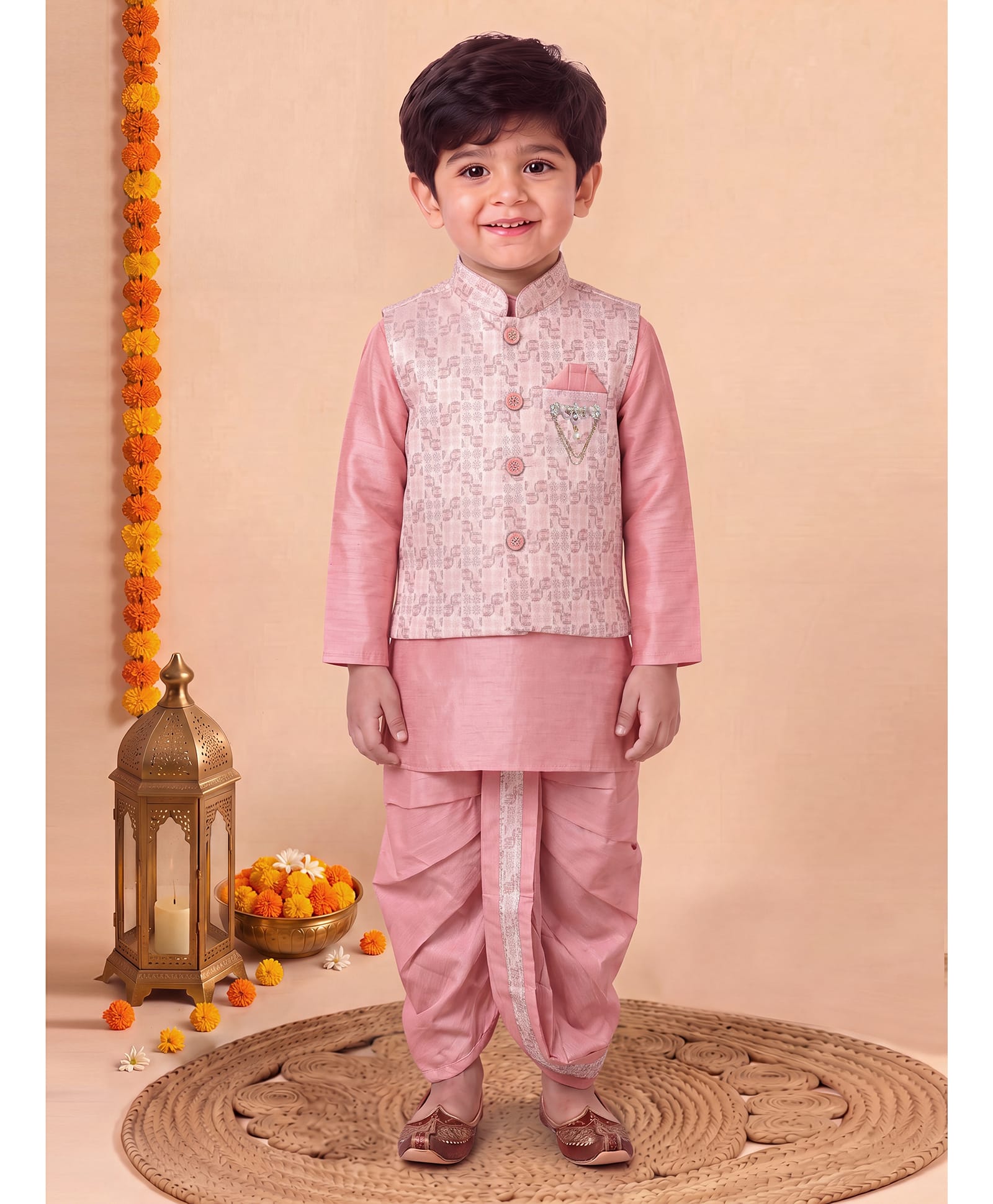 BT DEZINES Cotton Silk Woven Full Sleeves Solid Kurta & Dhoti Set With Abstract Embroidered Jacket - Pink-image-16