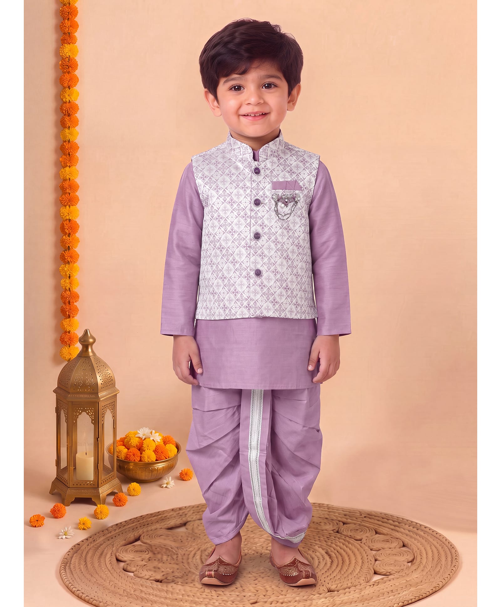 BT DEZINES Cotton Silk Woven Full Sleeves Solid Kurta & Dhoti Set With Floral Motifs Embroidered Jacket - Lilac-image-9