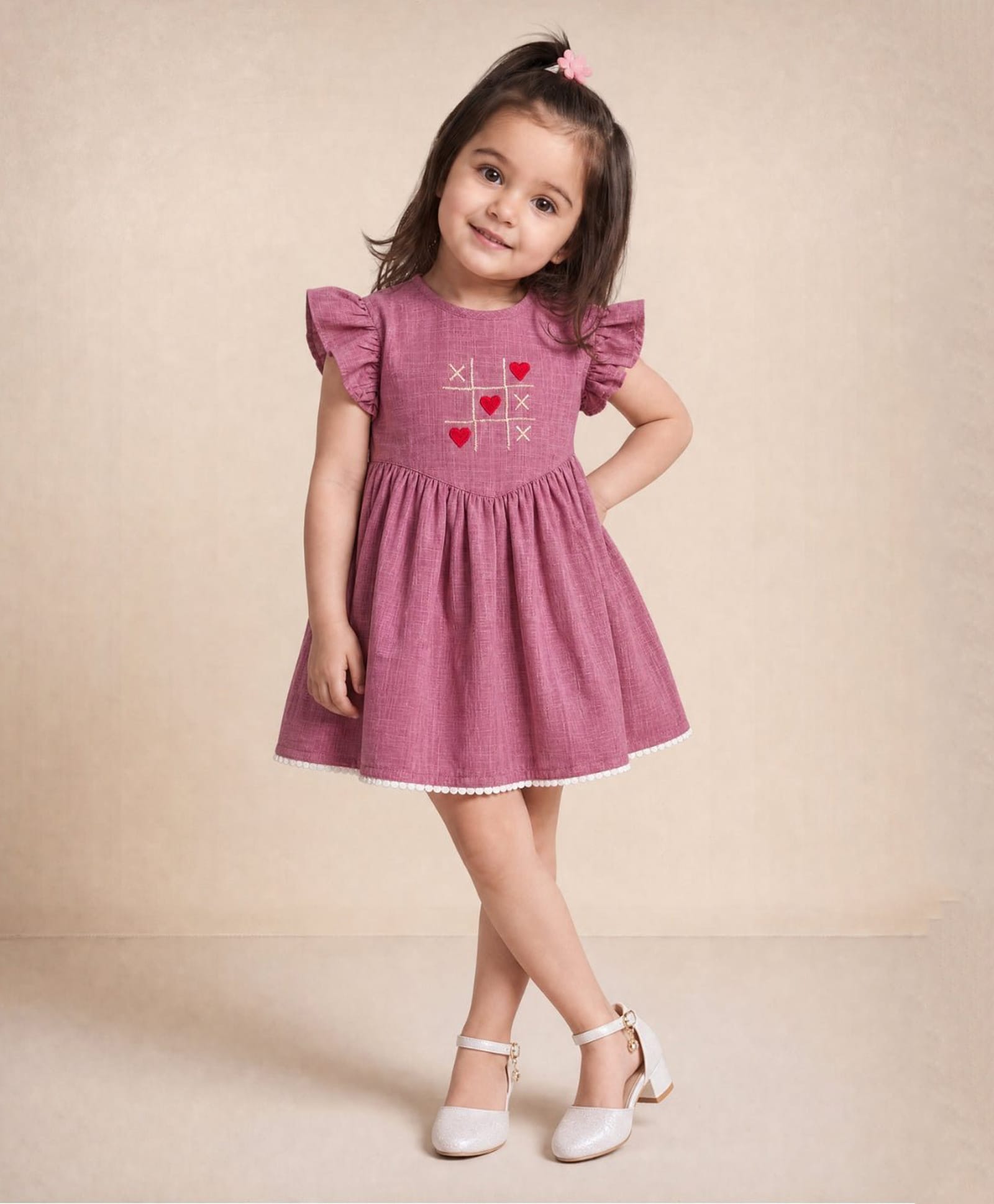 The Mom Store Cotton Woven Frill Sleeves Tic Tac Toe Embroidered Dress - Pink-picture-21