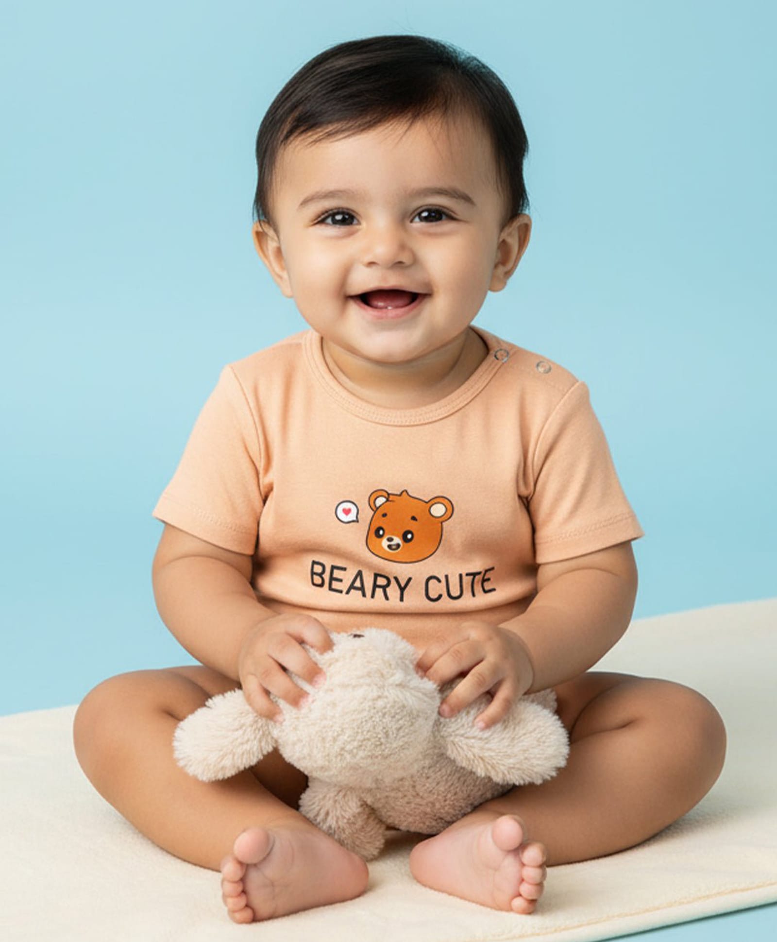 The Mom Store Cotton Knit Half Sleeves Beary Cute Text Printed Onesie - Beige-picture-28