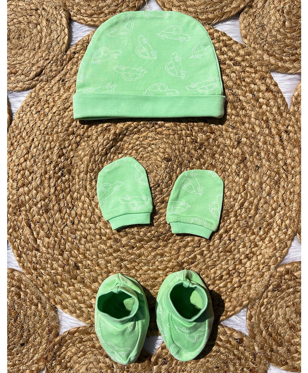 The Mom Store Cotton Knit Cars Printed Cap Mittens & Booties - Light Green-picture-17