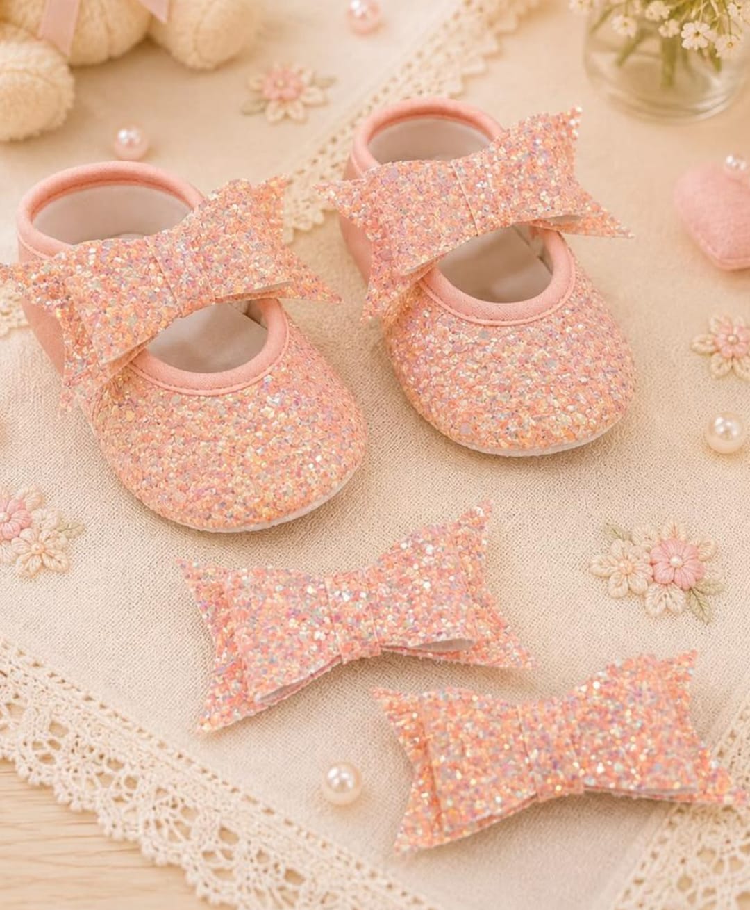 Daizy Glittered Bow Applique Detailed Booties With Hair Clips - Peach-image-3