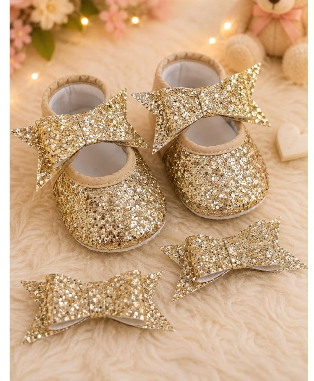 Daizy Glittered Bow Applique Detailed Booties With Hair Clips - Golden-picture-20