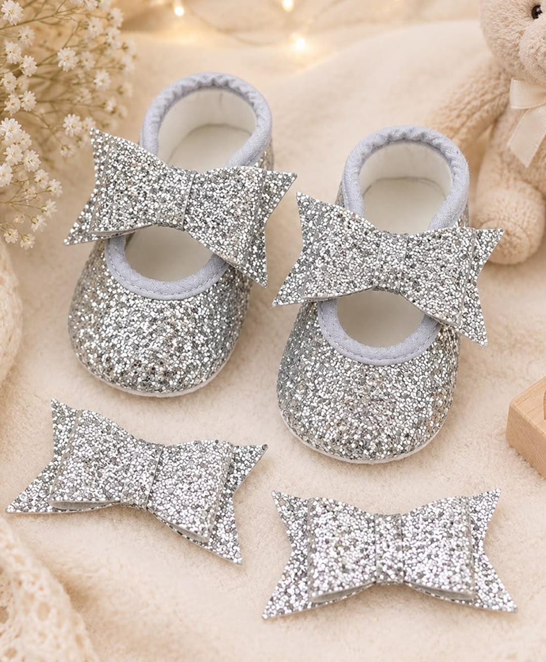Daizy Glittered Bow Applique Detailed Booties With Hair Clips - Silver-picture-20